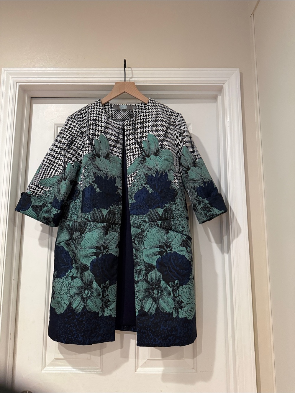 Anthropologie Teal & Navy Floral Houndstooth Open-Front Trench Coat